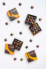 Ginger Elizabeth Chocolates Caramel Collection bonbons in open and closed boxes and  with  loose bonbons  on white background