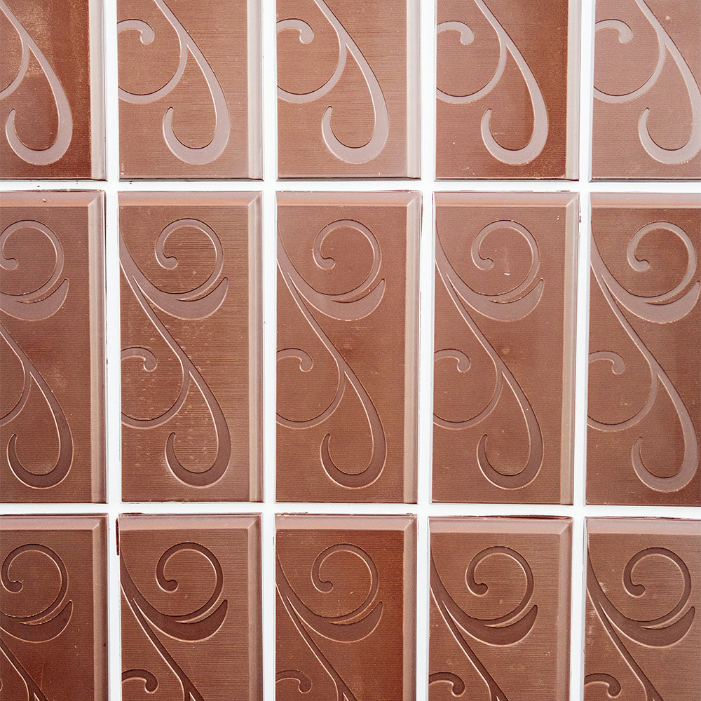 Rows chocolate bars with scroll detailing.
