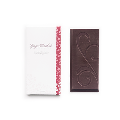 Ginger Elizabeth Chocolates Caramelized Oat, Pecan & California Bing Cherry Chocolate Bar and packaging on white background 