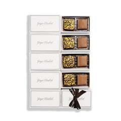 10 2-piece Ginger Elizabeth chocolate bonbon boxes, 4 open showing one dark and one milk chocolate bonbon and the remainder with  white lid with brown ginger elizabeth logo and brown logo ribbon on white background.