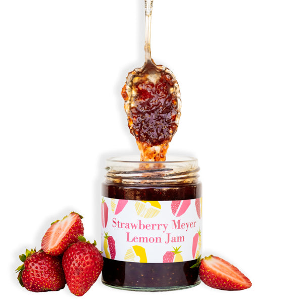 Ginger Elizabeth Strawberry Meyer Lemon Jam  Jar with fresh strawberries and dipped spoon on white background