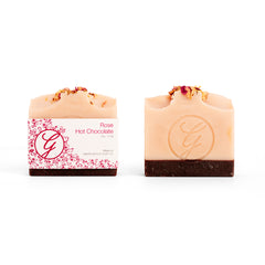 Two Ginger Elizabeth Chocolates Rose Hot Chocolate Soap bars with and without packaging on white background 