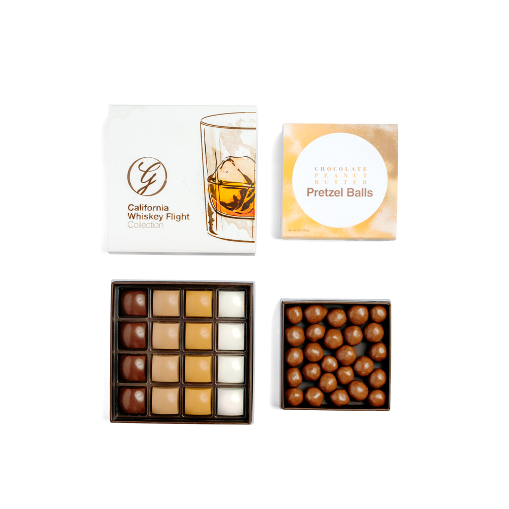 Ginger Elizabeth Chocolates California Whiskey Flight Collection chocolates and chocolate peanut butter pretzel balls side by side in open boxes with lids above on white background