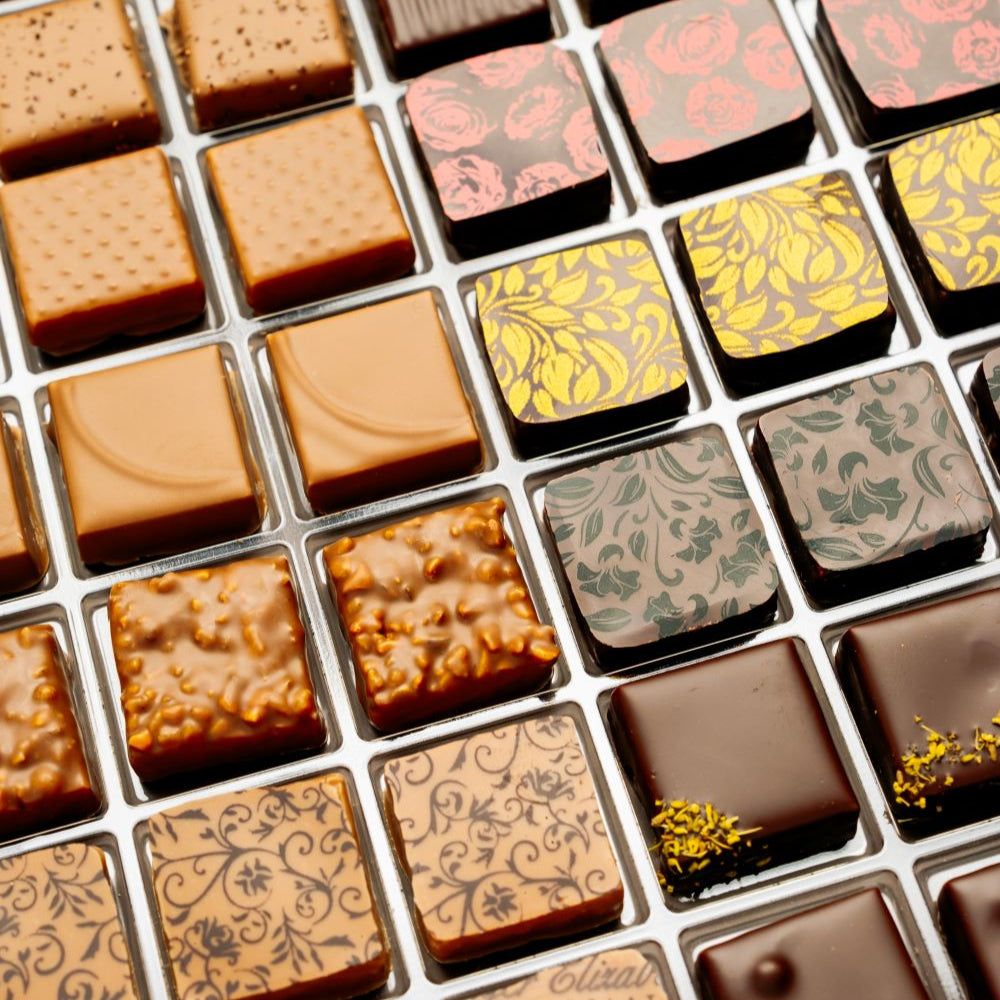 close up of 48 piece open chocolate box