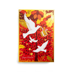 Ginger Elizabeth Chocolates 2024 Advent Calendar box front with red and gold holiday themed design with white doves