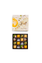 Ginger Elizabeth Chocolates Fall Collection 16 piece chocolate box with lid above open box on white background