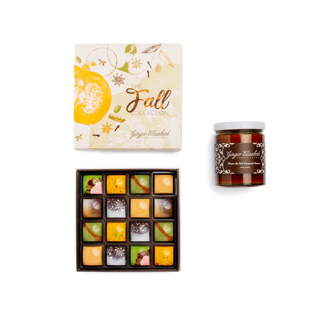 Fall Collection Chocolates in open box with id above and jar of fleur de Sel caramel sauce  on white background