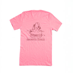 Ginger Elizabeth Chocolates Macaron Dream pink t shirt back with line drawing  of girl leaning on macaron cookie over words macaron dream on white background