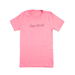 Ginger Elizabeth chocolates macaron dream pink t shirt front with signature logo on white background