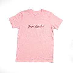 Ginger Elizabeth chocolates macaron dream pink t shirt front with signature logo on white background