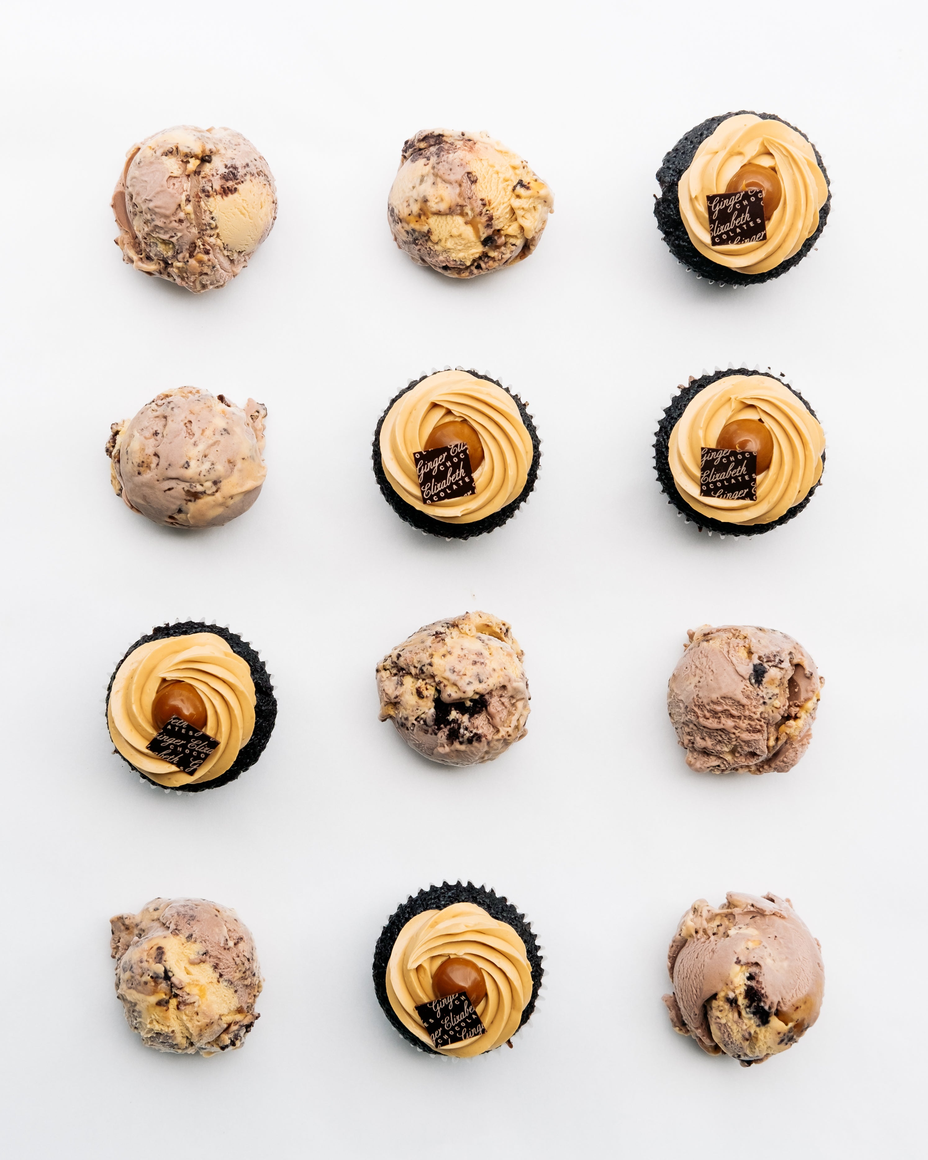 Scoops pf Salty Caramel Cupcake Ice Cream shown in grid of 4 rows of 3 with Salty Caramel Cupcakes