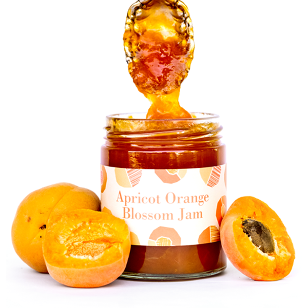 Ginger Elizabeth Chocolates Apricot Orange Blossom Jam Jar with fresh apricots and dipped spoon on white background