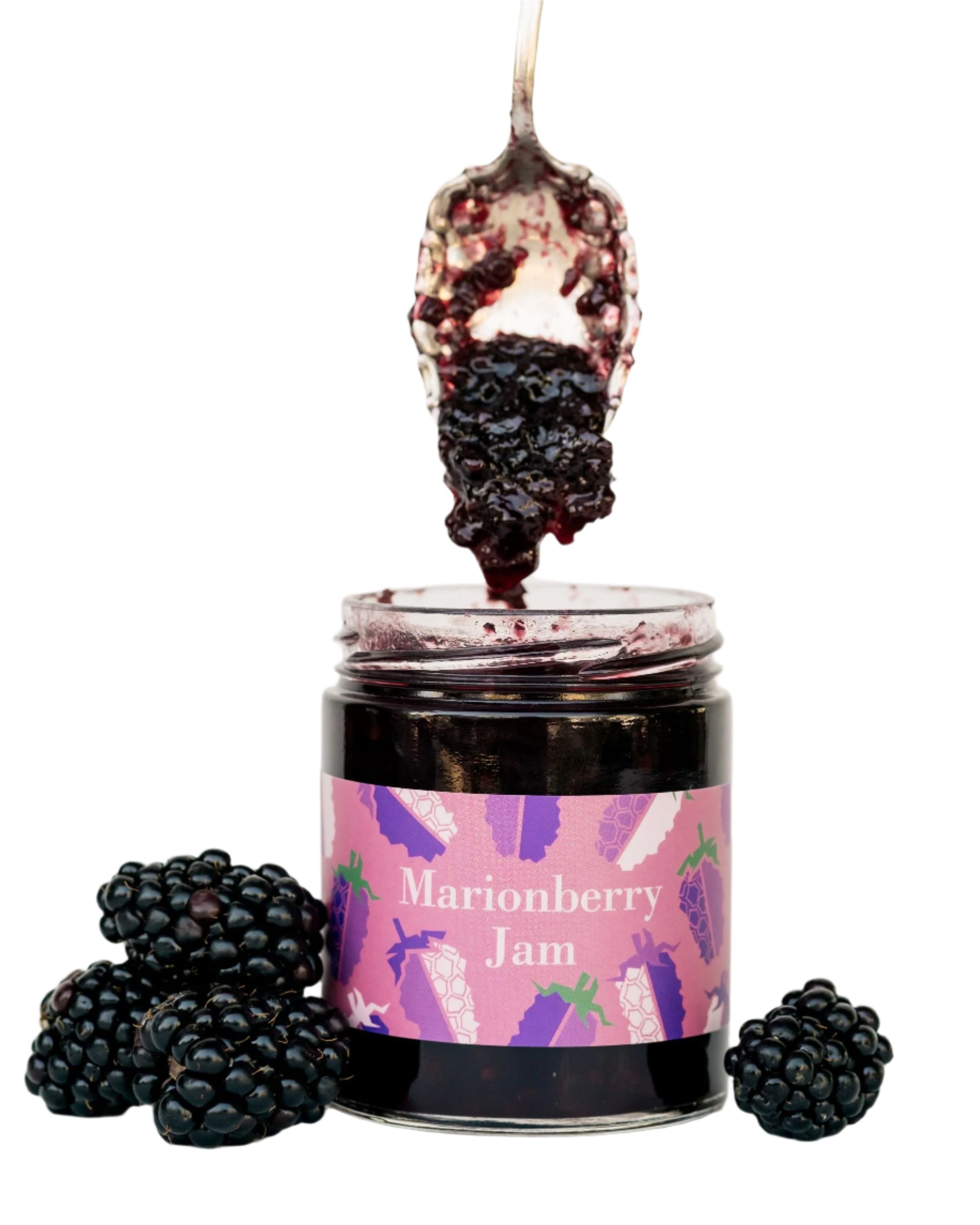 Ginger Elizabeth Chocolates Marionberry Jam jar with fresh marionberries and dipped spoon on white background